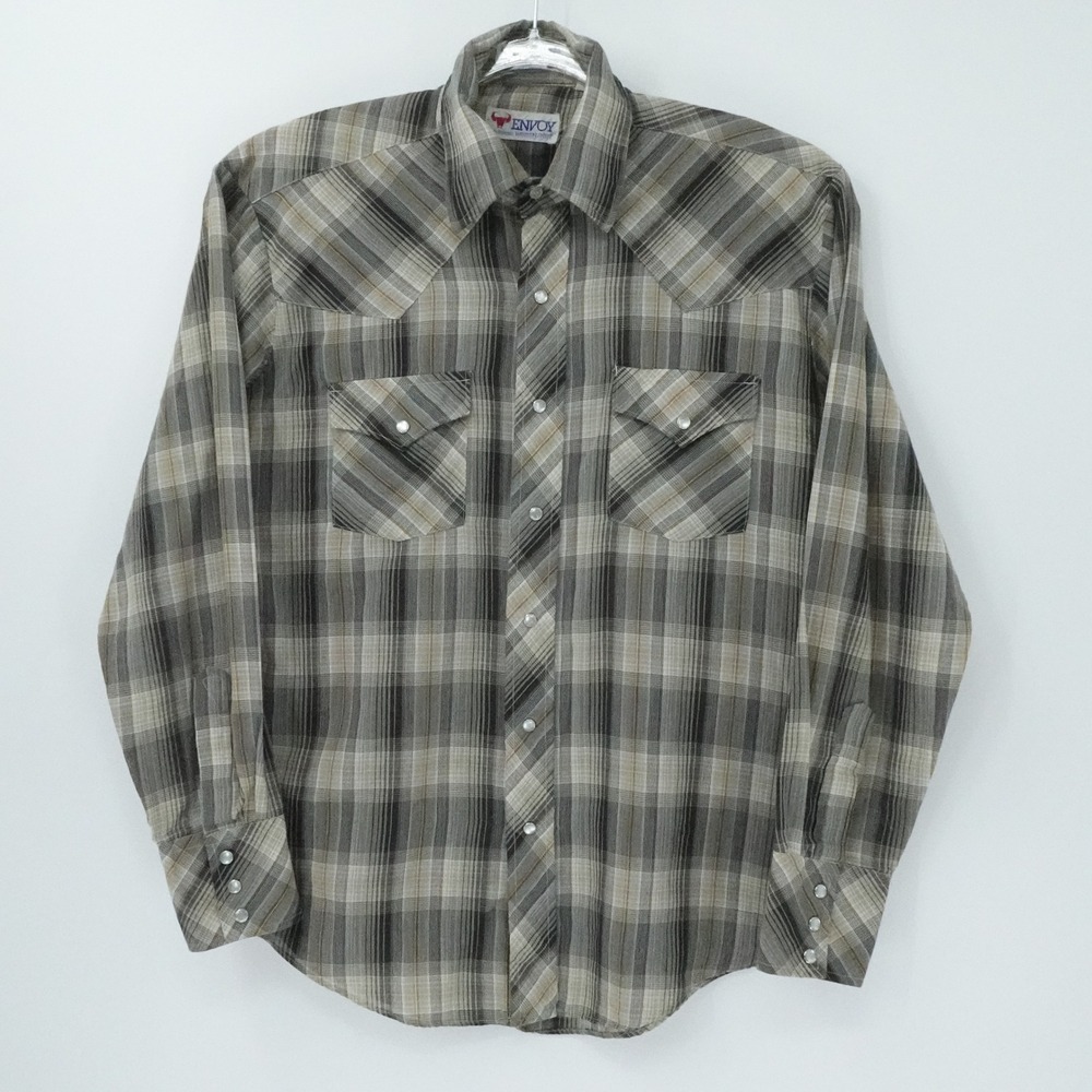 Vintage Envoy Western Shirt Mens Medium Brown Plaid Pearl Snap Retro‎ 90s